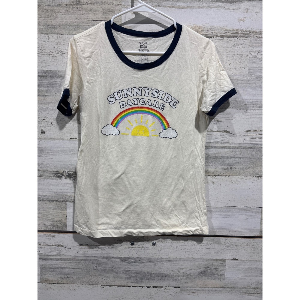 Toy Story Land Ringer Tee Women Large Sunnyside Daycare Rainbow Disney Pixar